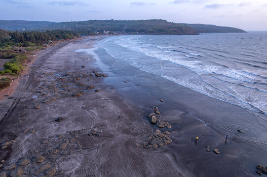 A stunning aerial drone view of Dapoli Beach along the Konkan coastline in Ratnagiri district, Maharashtra, India.