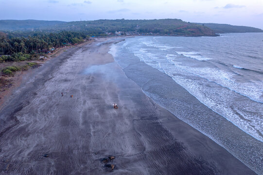 A stunning aerial drone view of Dapoli Beach along the Konkan coastline in Ratnagiri district, Maharashtra, India.