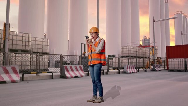 Full Body Side View Of Asian Female Engineer With Safety Helmet Using Smartphone While Standing at Storage Facility with IBC Totes, Large Silos at Sunset