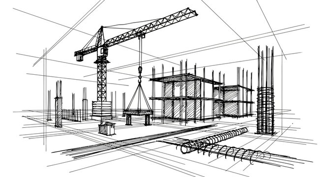 Architectural sketch depicting a dynamic urban construction site with a large crane and developing modern buildings, illustrating the intricate process of structural engineering and urban development