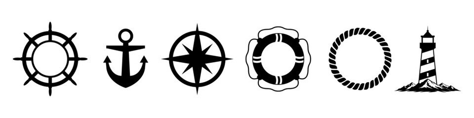 Nautical icon pack featuring anchor compass lighthouse ship wheel and lifebuoy symbols in line art style for maritime branding, ocean travel themes, and marine vector design © Vector Jungle