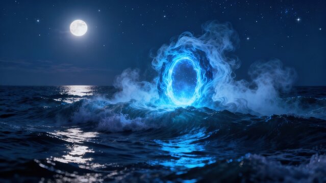 Mystical portal in ocean at night