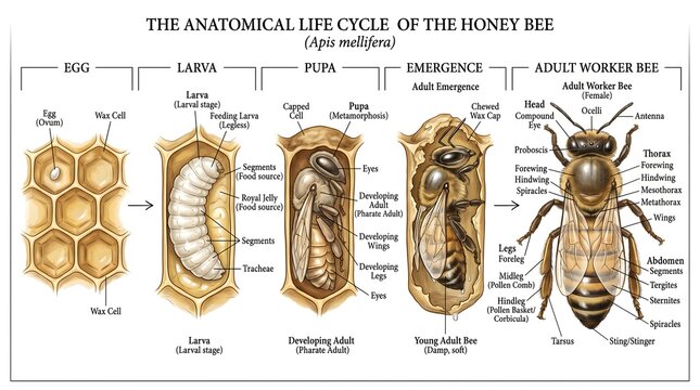 The Anatomical Life Cycle of the Honey Bee Diagram Showing Egg, Larva, Pupa, Emergence and Adult Worker Bee Stages in a Straight Sequence of Comb Cells, With Detailed Labels of Body Structures for Sci