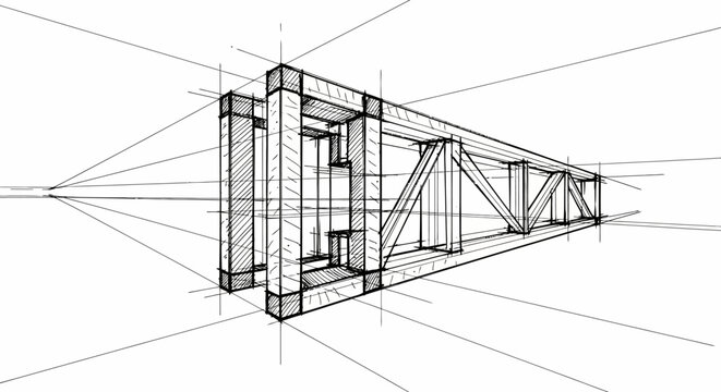 Hand-drawn architectural sketch of a complex wooden truss structure viewed in perspective