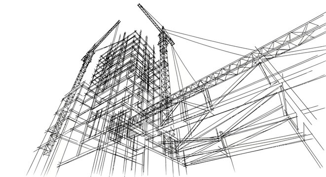 Architectural sketch of a large construction project with cranes and scaffolding in black and white