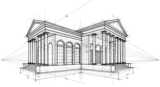 Architectural sketch of a building with classical columns and arched windows in a two-point perspective drawing