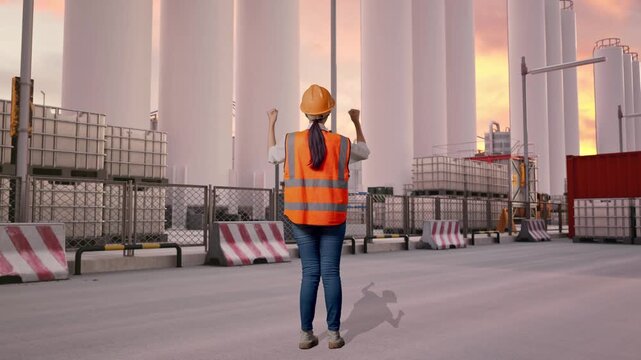 Full Body Back View Of A Female Engineer With Safety Helmet Raising Her Hands Celebrating While Working at Storage Facility with IBC Totes, Large Silos at Sunset
