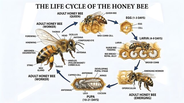 The Life Cycle of the Honey Bee Illustration Showing Adult Queen, Drone and Worker Bees, Egg, Curved Larva, Pupa and Adult Emergence with Directional Arrows Explaining How Different Castes Develop fro