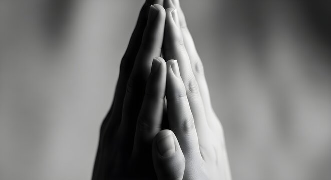 A close-up, black and white image capturing a pair of hands clasped together in a prayer or meditation pose, with a soft, blurred background