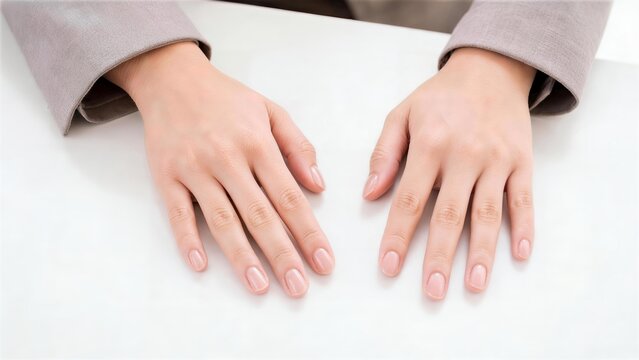 白いテーブルの上に置かれた綺麗にお手入れされた女性の両手