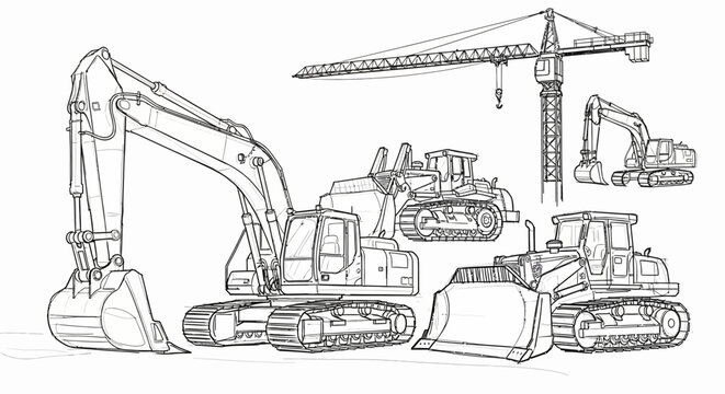 Collection of hand-drawn construction vehicles including excavators, bulldozers, and cranes, perfect for architectural or engineering projects