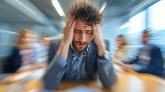 Stress, migraine and motion blur with a business man in a meeting feeling frustrated, tired or overworked. Mental health, anxiety and headache with an exhausted male employee suffering from fatigue