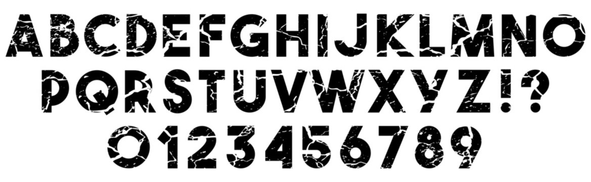 Alphabet and numbers grunge featuring distressed bold wide sans serif letters and numeric set with heavy cracked texture and weathered paint effect for industrial vintage typography design.