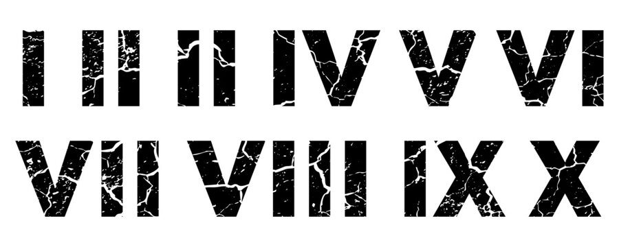 Roman numerals grunge set featuring distressed numbers from one to ten with heavy cracked texture and weathered effect for vintage typography, military style design, and industrial vector artwork.