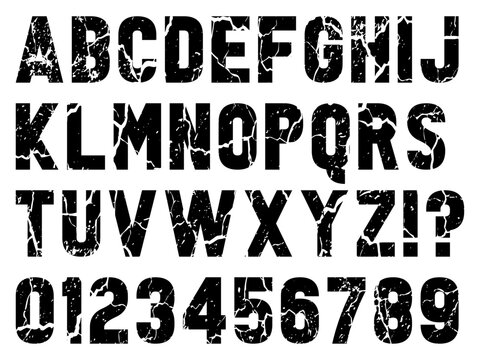 Alphabet and numbers grunge pattern featuring distressed bold sans serif letters and numeric set with heavy cracked texture and weathered paint effect for industrial vintage vector typography design.