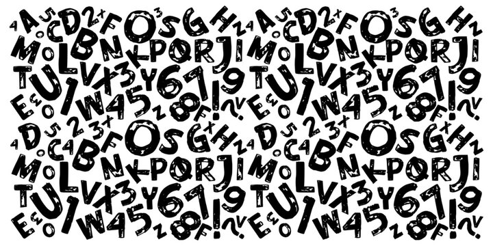 Alphabet and numbers grunge pattern style scattered letters and numeric digits in a dense collage layout with ink splash texture for urban streetwear and abstract vector design
