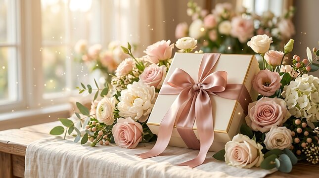 Elegant Gift Box Tied with a Satin Ribbon Surrounded by a Lush Arrangement of Pink and White Roses and Peonies on a Wooden Table with Soft Window Light