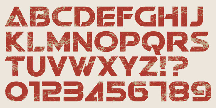 Grunge alphabet and numbers pattern featuring distressed bold wide letters and numeric set with heavy weathered texture and cracked paint effect for vintage industrial vector typography design.