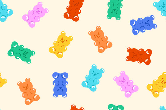 Colorful Gummy and Jelly Bears seamless pattern. Fruity and tasty Sweets and candies in the cartoon style. Hand drawn Vector Trendy