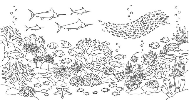 Ocean life scene with tropical fish and coral reef coloring outline.