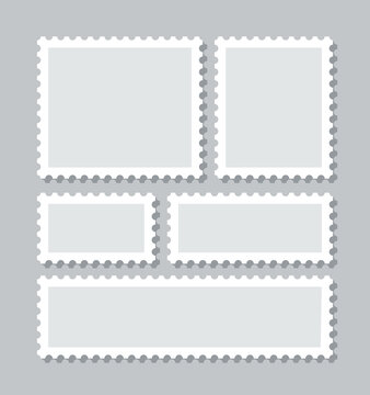 Collection of blank borders for mail letter. Postal rectangular labels stamps. Empty post stamps with perforated borders. Postage frames set. White paper postmarks. Vector illustration.