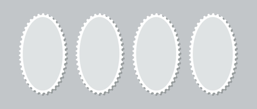 Oval postal shapes border collection. Paper postmarks set. Empty stamps. Post stamps isolated on background. Blank frames for mail letter. Postage perforated templates. Vector illustration. Flat desig
