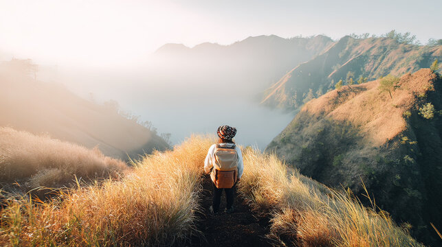 footstep. Lone traveler with backpack on narrow misty mountain trail. tourism brochures, itinerary planners, destination guides, designed for travel destination branding, used by travel agents.
