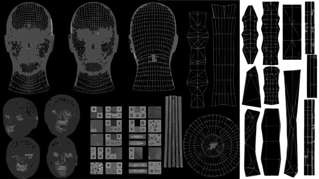 wireframe head model kit with multiple views and unfolded texture maps on black background high quality professional detailed