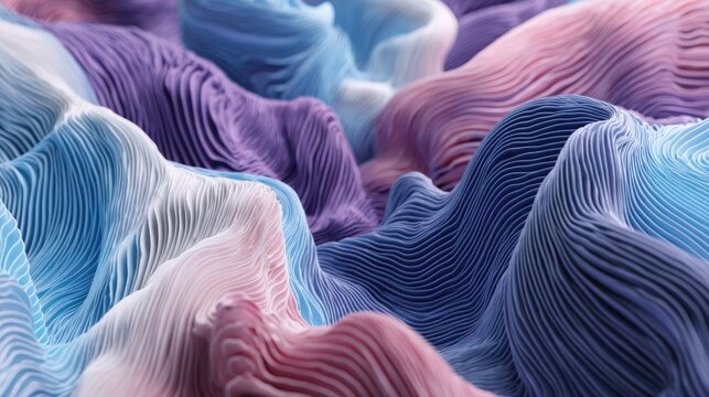 Three dimensional abstract surface exhibits undulating waves of pastel and deep hues.