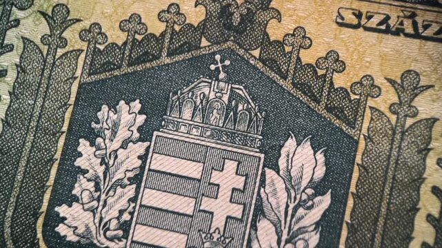 Hungarian coat of arms featured on a hungarian banknote. Perfect for historical, cultural, financial, and educational design projects.