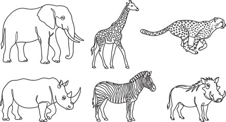 Collection of six different African safari animals illustrated in simple outline drawing style on a transparent background © Shafiq