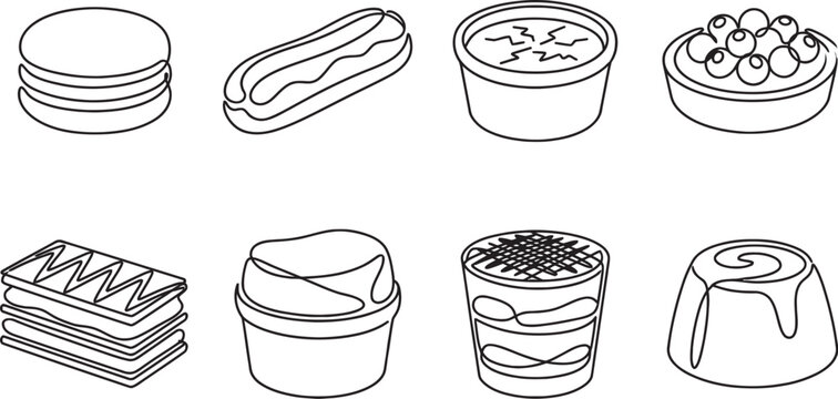 Collection of Eight Delicious Hand Drawn Line Art Desserts isolated on transparent background for graphic design