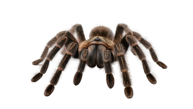 Isolated tarantula, a furry brown arachnid, tropical spider with long hairy legs