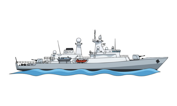 Modern Military Warship Illustration Sailing on Sea Waves