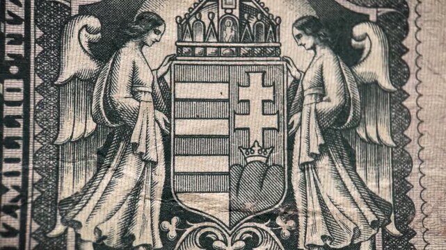 Close up macro video showing the reverse emblem design of a vintage Hungarian pengo banknote. The footage highlights the heraldic shield, angel figures, ornamental engraving, and aged paper texture.
