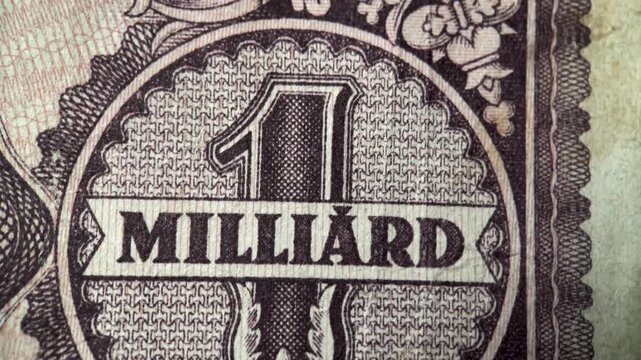 Macro Video of Ornamental Frame Detail on Vintage Hungarian 1 Milliard Pengo Banknote