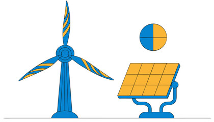 Renewable Energy: A striking illustration showcases the harmony of clean energy sources with a wind turbine and solar panel, representing sustainability and a greener future. © Ahmed