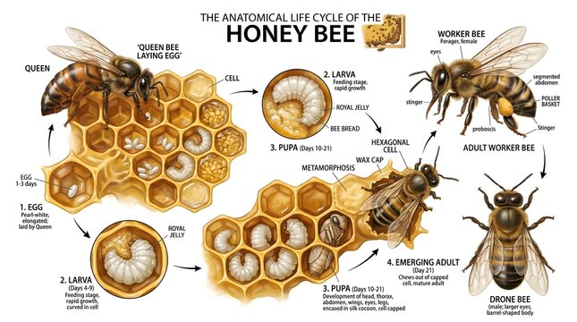 Anatomical life cycle of the honey bee showing queen laying eggs, larval and pupal comb stages, emerging adult and fully detailed worker bee anatomy, highlighting how brood in hexagonal cells develops
