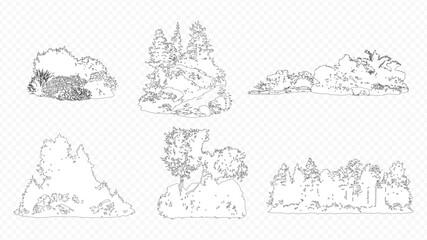 Obraz premium Architectural Drawings, Minimal style cad tree line drawing, Side view, set of section wetland forest outline for landscape design drawing. 