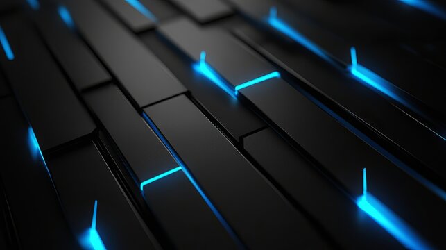 Dark abstract background featuring sleek metallic rectangles with glowing neon blue light streaks and shadows