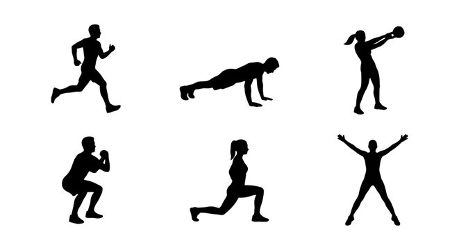 Fitness Silhouettes Set: Running, Push-ups, Kettlebell Swings, Squats, Lunges, Jumping Jacks Vector Icons