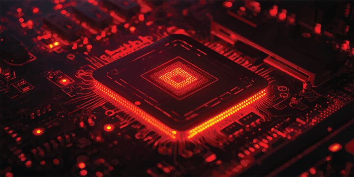 A macro view of a red printed circuit board reveals a high-tech computer motherboard featuring a digital processor chip designed for advanced engineering and data communication in the tech industry