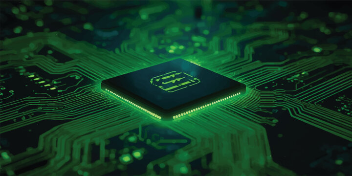 Macro view of a green electronic computer circuit board featuring a central processor chip and hardware components like capacitors on a digital PCB motherboard technology