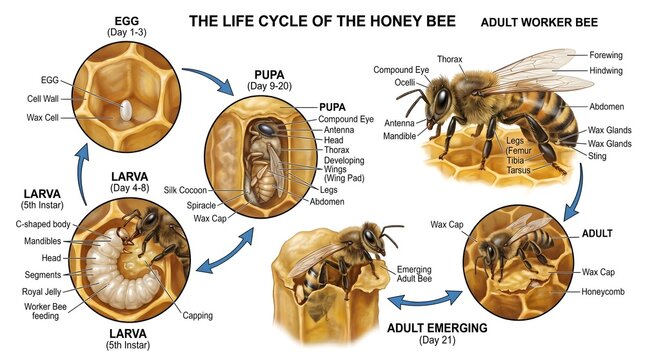 The life cycle of the honey bee diagram showing egg, curled larva, capped‑cell pupa, emerging adult and mature worker on comb, with anatomical labels for head, thorax, abdomen and wings to explain com