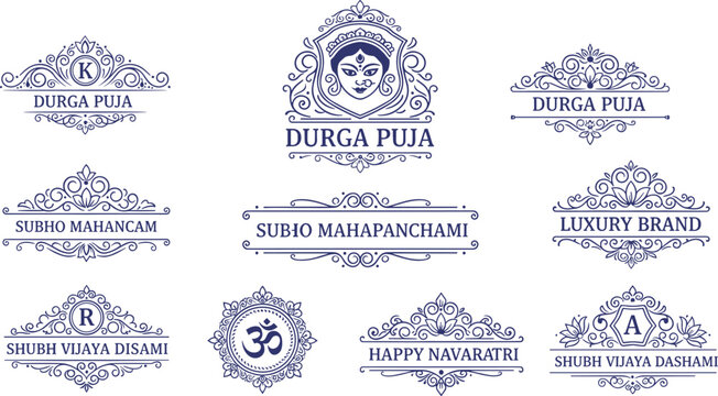 Durga Puja Navaratri Blue Ornamental Badge and Logo Set with Goddess and Om Symbol Designs