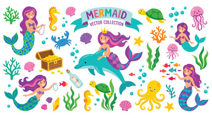 Mermaid vector collection with sea animals and underwater elements. © Ojufa