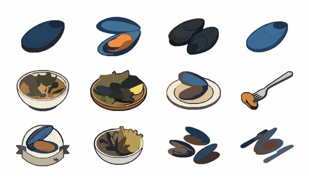 Modern isometric mussel seafood icons isolated on white background for web and app design