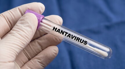 Obraz premium Gloved Hand Holding Hantavirus Test Tube for Medical Laboratory Diagnosis