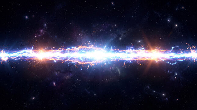 Powerful electric energy flash, a symmetrical glowing plasma beam illuminating the dark cosmic expanse with vibrant light and abstract visual effects, showcasing dynamic force and intricate patterns