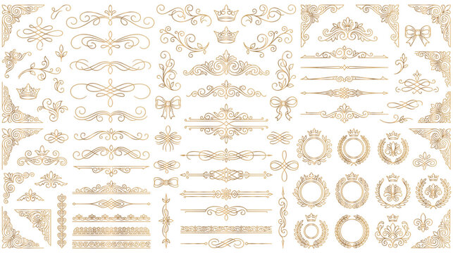 Set of decorative frames, borders, corners, dividers and laurel wreaths.